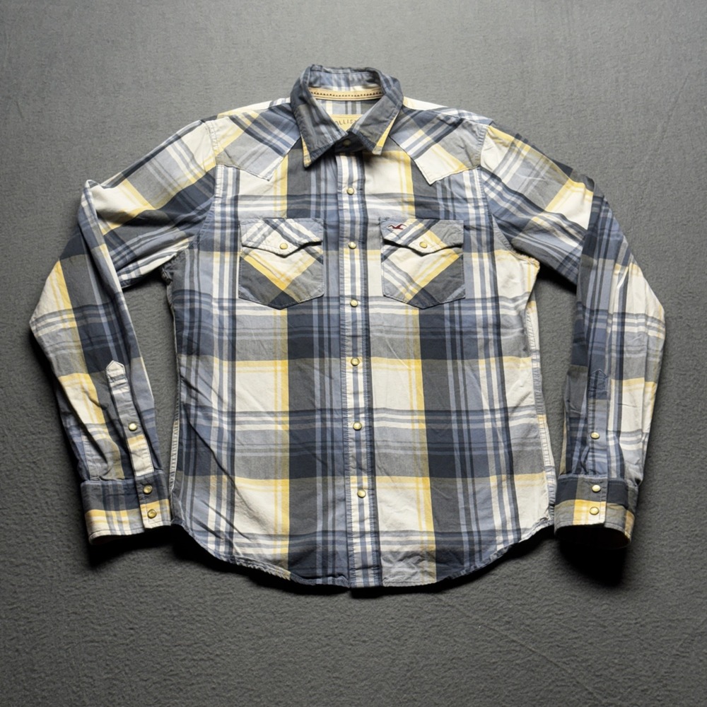 Hollister Mens Western Pearl Snap Shirt M Blue Yellow Plaid Long Sleeve Cotton
